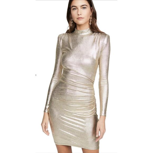NWOT Alice + Olivia Hilary Ruched Mocked Neck Mini Dress Metallic Pale Gold Sz.0 - Picture 1 of 15
